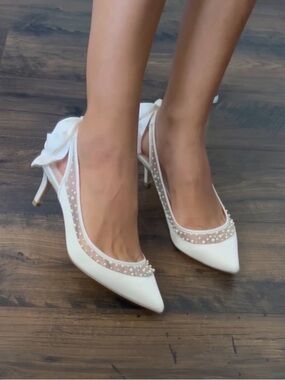 White Pointed Pearl-Trim Slingback Heels PLEASE READ DESCRIPTION!!!